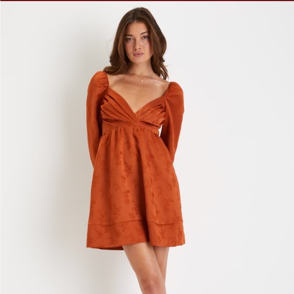 Lulu’s Rust Orange Pleated Tie-Back Mini Dress